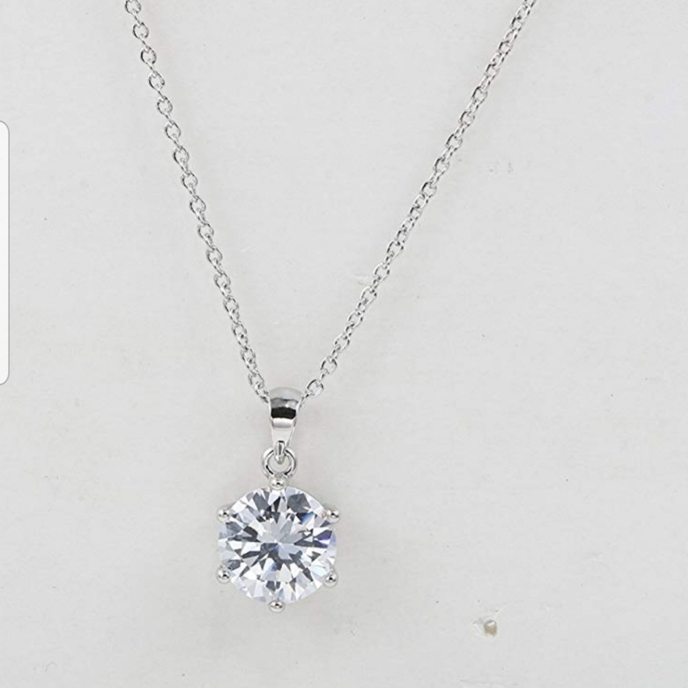 White Gold CZ Solitaire Pendant Necklace NWT - Picture 2 of 2